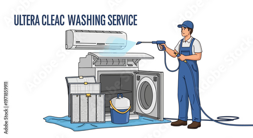 An animated illustration features a service worker cleaning an air conditioner and washing machine with a power washer in a brightly lit environment, showcasing the cleaning process