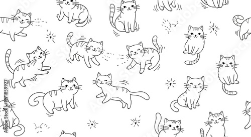 Cute Cat Doodles Pattern: Playful Kittens in Black and White Sketch Style