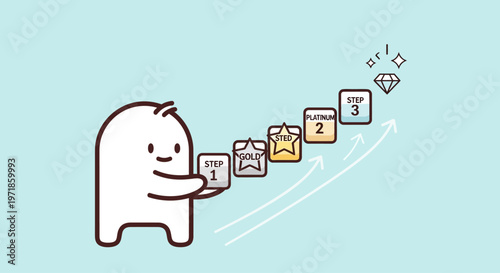 Cute character climbing steps to reach diamond goal, success concept