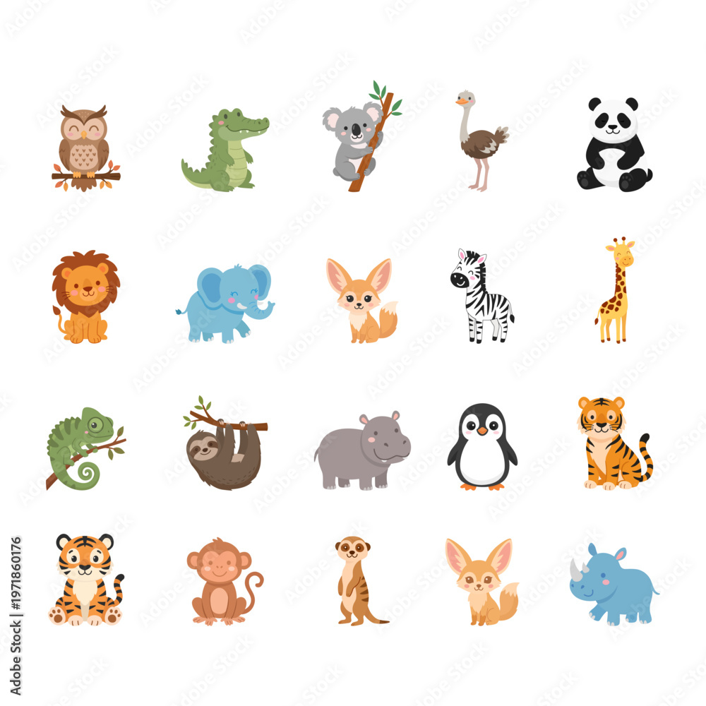 Obraz premium Cute wild animals collection, kawaii safari and exotic creatures doodle set in flat vector style