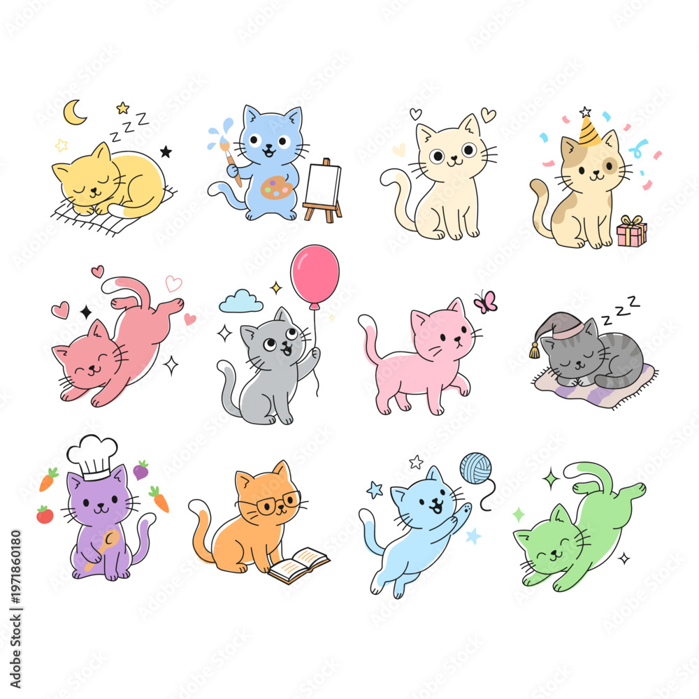 Fototapeta premium Cute cat characters collection, kawaii kitten doodles in various poses and activities