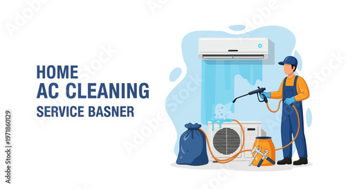 A handyman in blue overalls sprays cleaning solution on an air conditioner with a high-pressure washer against a bright white background, showing a service bag and bucket in a flat