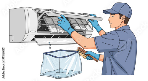 Illustration of a technician wearing gloves while servicing an air conditioner, cleaning the filter with a brush and collecting dust in a bag, set against a clean white background depicting