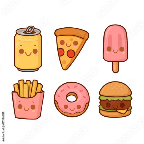 Kawaii fast food and sweets collection, cute doodle characters set with pizza, buguer, fries and donut