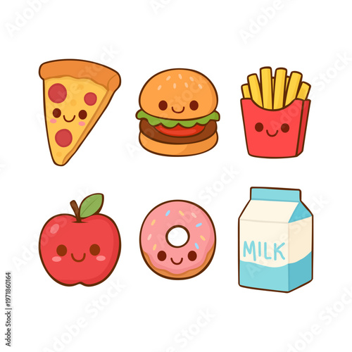 Kawaii fast food and snacks collection, cute doodle characters set with happy faces
