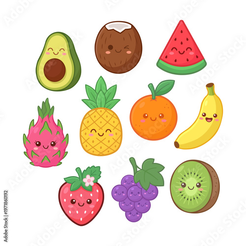 Kawaii tropical fruit characters set, cute exotic fruits, collection with happy faces