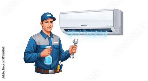 A smiling repairman, wearing a blue uniform and holding a wrench and spray bottle, stands beside a modern air conditioner emitting cool blue air in a digitally rendered image on a clean