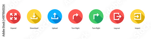 Workflow Process web banner icon vector illustration featuring Expand, Download, Upload, Turn Right, Turn Right, Log out, and Import.