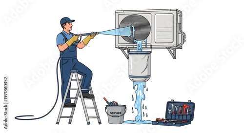 Illustrated handyman in overalls cleaning an air conditioner with a high-pressure washer while standing on a ladder, with water cascading down, set against a plain white background