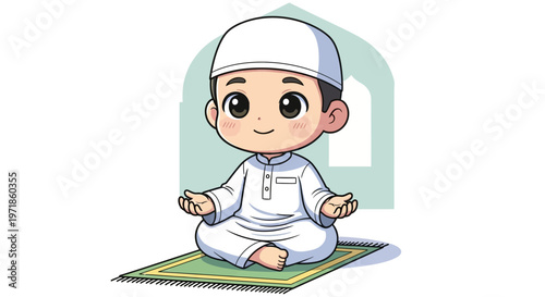 Cute Muslim Boy Praying on Prayer Mat in Mosque Silhouette