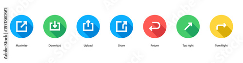 Sharing and Return web banner icon vector illustration featuring Maximize, Download, Upload, Share, Return, Top right, and Turn Right.