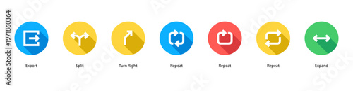 Data Flow web banner icon vector illustration featuring Export, Split, Turn Right, Repeat, Repeat, Repeat, and Expand.