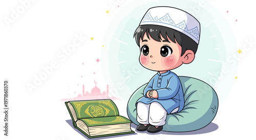 Cute Muslim Boy in Traditional Attire Reading Quran