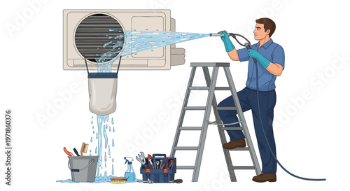 Illustration of a maintenance worker on a ladder using a pressure washer to clean an air conditioning unit with a bucket hanging below to catch the water in a service scene with a clear