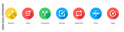 Path and Targets web banner icon vector illustration featuring Maximize, Route, Y Intersection, Minimize, Repeat Once, Shrink, and Target.