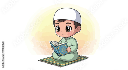 Cute Muslim Boy Reading Holy Quran on Prayer Mat, Islamic Education Concept