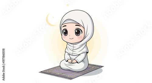 Cute Muslim girl in hijab praying on a rug, crescent moon background