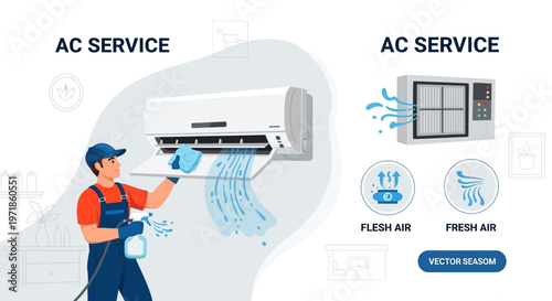 Illustration depicting a technician servicing an air conditioner with cleaning spray, presented against a light blue and white background with fresh air icons, illustrating AC maintenance