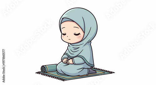 Cute Muslim Girl Praying on Prayer Mat, Islamic Child Devotion, Peaceful Spirituality