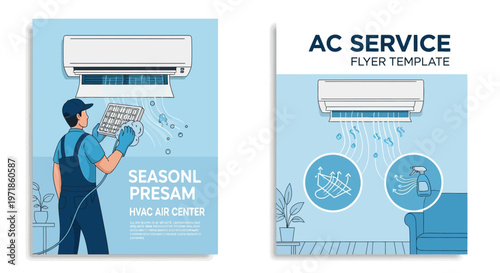 Illustrated promotional poster shows a repairman cleaning the air conditioner filter against a cool blue background, with a close-up view and clean lines, promoting seasonal AC maintenance