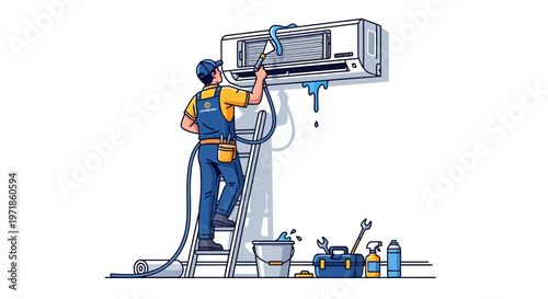 An illustration shows a service worker cleaning an air conditioner unit while standing on a ladder, using a water hose, with tools and cleaning supplies arranged nearby in a maintenance