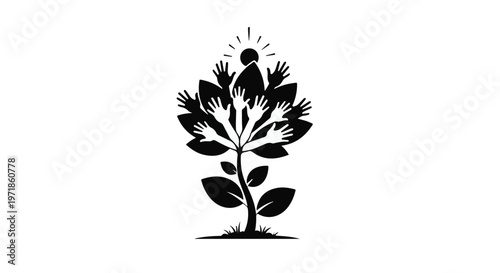 Plant sprouts upward with leaves shaped like human hands reaching toward the sun in a conceptual illustration.