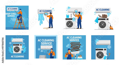 A set of eight square illustrations showing various air conditioner cleaning services, each featuring a worker in overalls maintaining units against a clean blue background in a simple