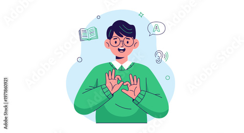 Deaf man signing in american sign language with hearing aid and book icons, communication concept