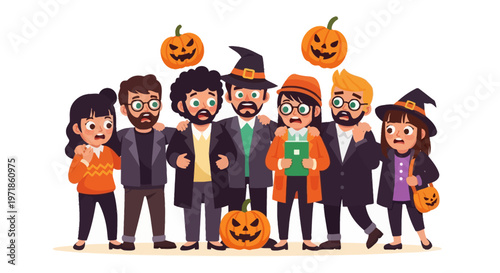 Diverse group of people in Halloween costumes with pumpkins, celebrating autumn holiday