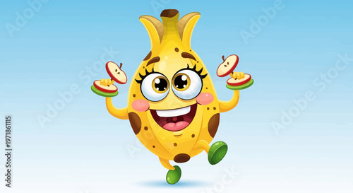 Happy Banana Character Dancing with Apple Slices