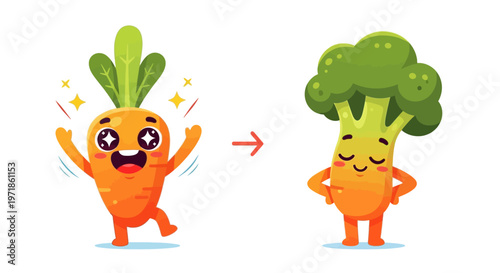 Happy Carrot Transforms into Broccoli, Healthy Food Concept