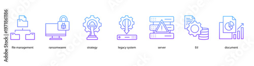 Information Security web banner icon vector illustration featuring File Management, Ransomware, Strategy, Legacy System, Server, ETL, and Document.