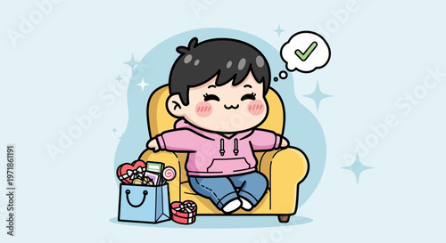 Happy Child Relaxing on Sofa with Gifts, Valentine's Day Celebration