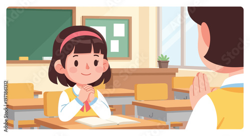Happy student girl greeting teacher in classroom with folded hands, education concept