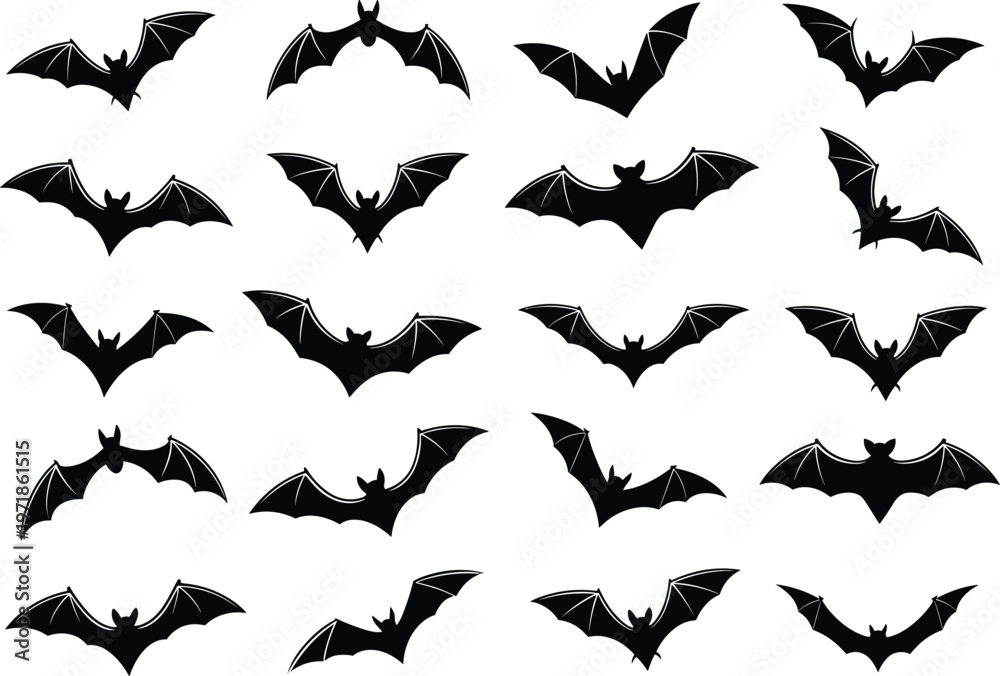 Fototapeta premium Bat silhouettes collection, flying bats vector, Halloween bats design, spooky animal icons, black bat shapes, wildlife illustration, decorative pattern