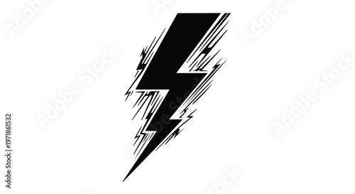 Black lightning bolt with sharp, jagged edges visually communicates powerful electrical energy and speed against a clean white background.