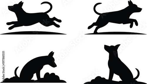 Black silhouette dog icons set, leaping dog, running dog, sitting dog, pet animal illustration, canine behavior design, animal symbol