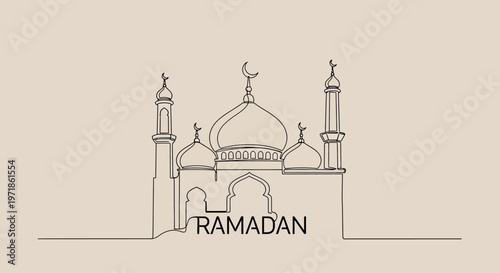 Ramadan Islamic Mosque Line Art Minimalist Design with Crescent Moon and Stars