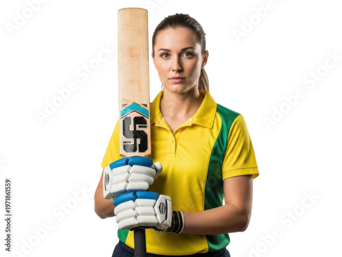 Female cricket player holding bat in yellow and green uniform