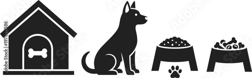 Black silhouette dog care icons set, doghouse, sitting dog, food bowl with kibble, bones bowl, pet animal illustration design