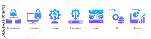 Information Security web banner icon vector illustration featuring File Management, Ransomware, Strategy, Legacy System, Server, ETL, and Document.