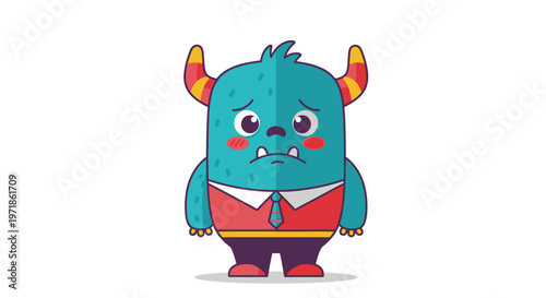 Sad blue monster wearing a shirt and tie, looking unhappy with blush cheeks