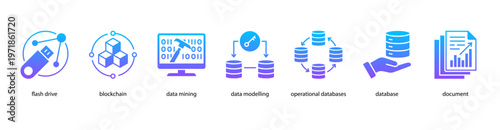 Digital Infrastructure web banner icon vector illustration featuring Flash Drive, Blockchain, Data Mining, Data Modelling, Operational Databases, Database, and Document.