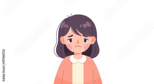 Sad Girl Crying with Tears, Upset Emotion, Isolated on White Background, Cartoon Style