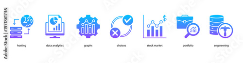 Business Intelligence web banner icon vector illustration featuring Hosting, Data Analytics, Graphs, Choices, Stock Market, Portfolio, and Engineering.