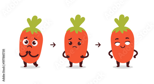 Sad Carrot Character Transforms into Happy Character with Wide Eyes