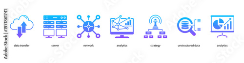 Advanced Analytics web banner icon vector illustration featuring Data Transfer, Server, Network, Analytics, Strategy, Unstructured Data, and Analytics.