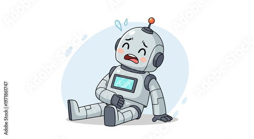 Sad Robot Sitting Down, Feeling Sick or Tired, Sweating, Cartoon Style