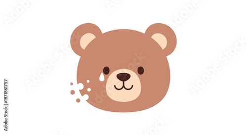 Sad teddy bear crying tears and snot, cute cartoon character, isolated on white background