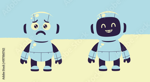 Sad robot vs happy robot, emotion comparison, artificial intelligence, technology, contrast